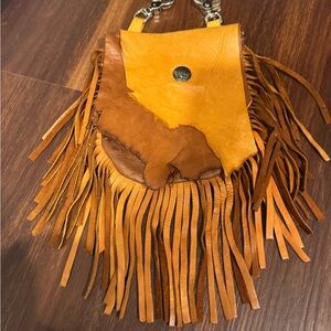 Brown and Yellow Fringe Leather Bag